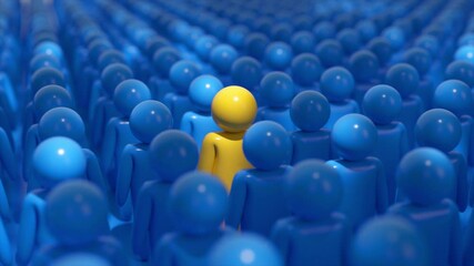 Yellow figure standing out in a crowd of blue figures, highlighting individuality and uniqueness.