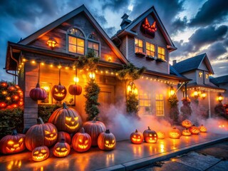 "Home Depot store transformed into a spooky Halloween wonderland with glowing jack-o-lanterns, twinkling lights, and eerie fog surrounding the exterior."