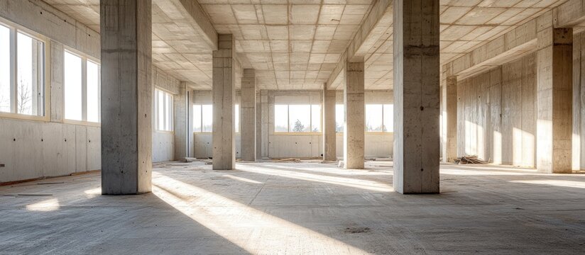 Wide angle background image of an empty building under construction featuring concrete columns copyspace