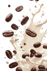 Obraz premium Coffee beans splash into creamy milk, creating a dynamic and appetizing scene for coffee lovers and culinary enthusiasts.