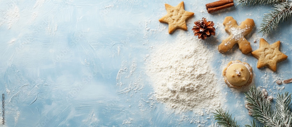 Poster Abstract background of Christmas food featuring cookie molds and flour. with copy space image. Place for adding text or design