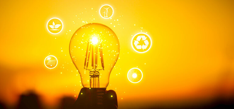 Renewable energy concept for sustainable, resource and environment icons. Electric power from nature. Creative ideas of energy.