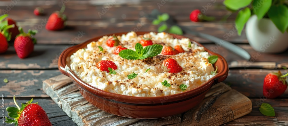 Poster cottage cheese casserole topped with strawberries and mint on a rustic backdrop featuring copy space