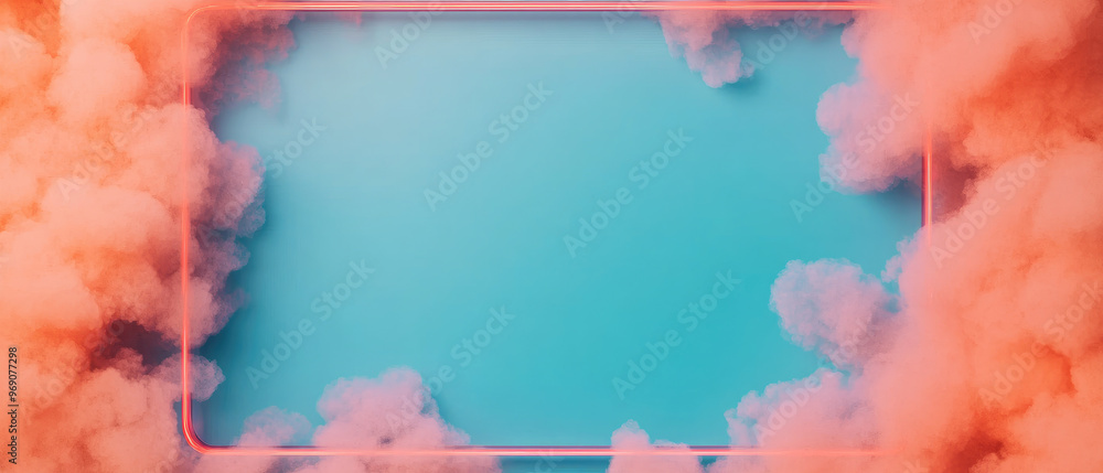 Poster close-up of a neon frame surrounded by smoke, featuring selective focus and ample copy space for tex