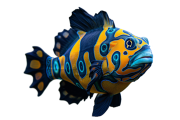 Vibrant tropical fish with striking blue and orange patterns swimming gracefully.