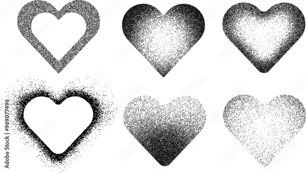Poster set of gradient grain heart shape. elements design. hearts with faded gradation of noise grain.