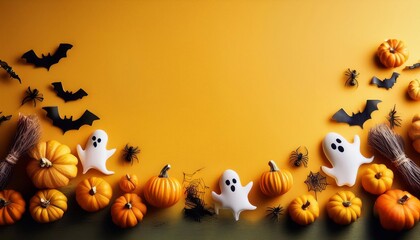 Halloween elements pumpkins, bats, ghosts, spiders on a bright background, with space for text, top view