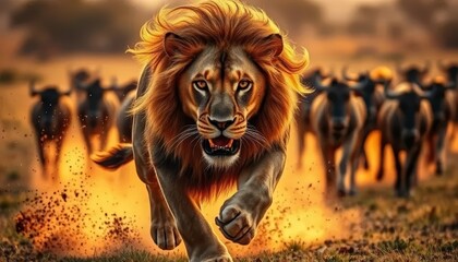 Intense Lion Chase in the Savanna	