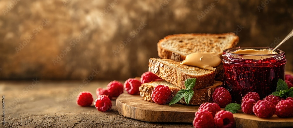 Poster ingredients for a tasty breakfast toasted bread butter peanut butter and homemade raspberry jam on a