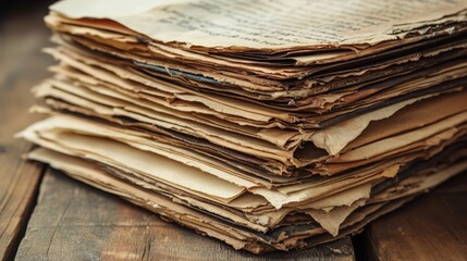 A stack of old, weathered documents with faded text and yellowed edges. The design captures