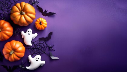 Halloween elements pumpkins, bats, ghosts, spiders on a bright background, with space for text, top view