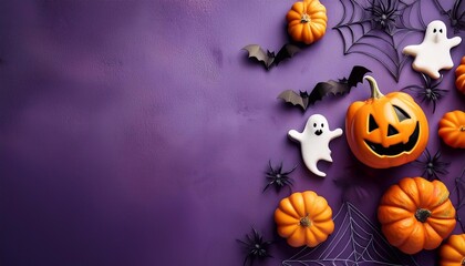 Halloween elements pumpkins, bats, ghosts, spiders on a bright background, with space for text, top view
