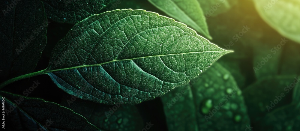 Poster close up view of a dark green leaf in sunlight with natural dark green plants used as a background c