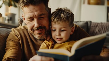 Obraz premium Father reading with his child on his lap, fostering a strong bond through storytime.