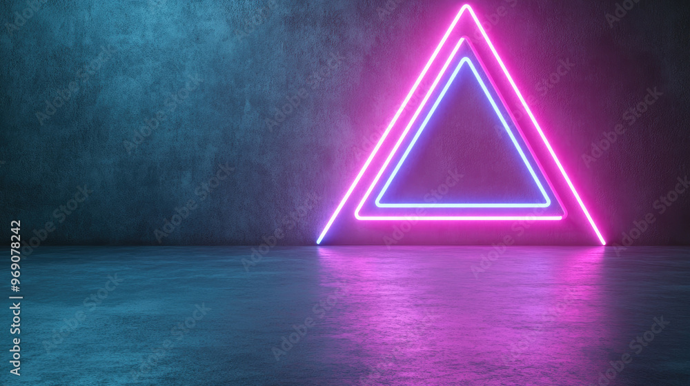 Poster explore a glowing purple and blue tunnel with triangle-shaped lines, showcasing a cyber 3d rendering