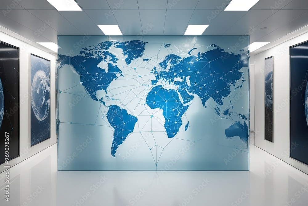 Poster global unification concept featuring web-like connections on an ultra-clean surface with adjacent sq