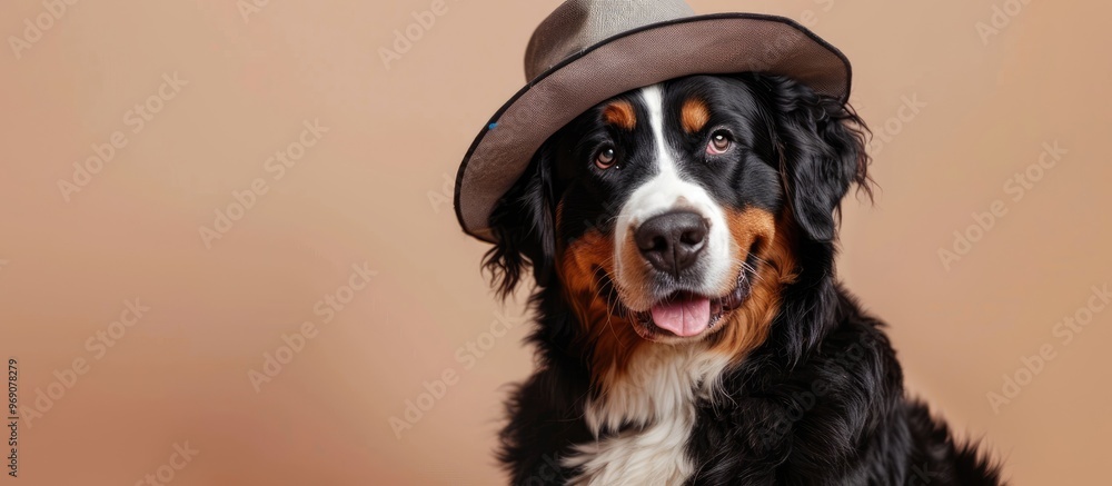 Poster Adorable Bernese mountain dog wearing a hat positioned on a beige background. with copy space image. Place for adding text or design