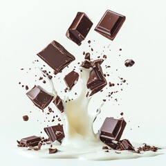 Delicious chocolate pieces splashing into creamy milk, creating a dynamic and tempting dessert scene.