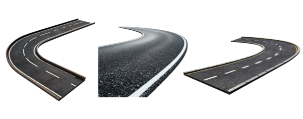 Set of 3D winding roads with smooth curves, isolated on transparent background, realistic and detailed