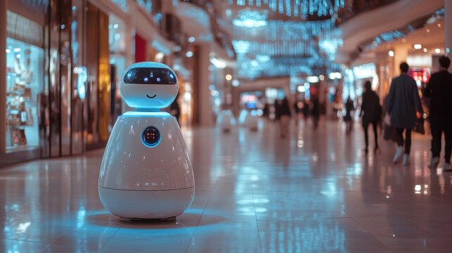 Futuristic autonomous shopping malls where robots manage every aspect of retail: Shoppers navigating a fully robotic shopping experience.