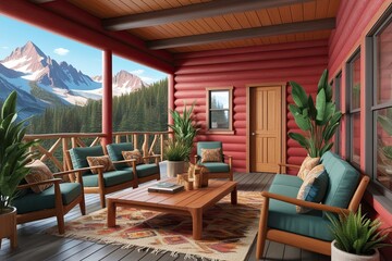 Fototapeta premium 3D Illustration of a Cabin Lounge in a Vibrant Mountain Retreat Setting with Wooden Furniture and Native Plants