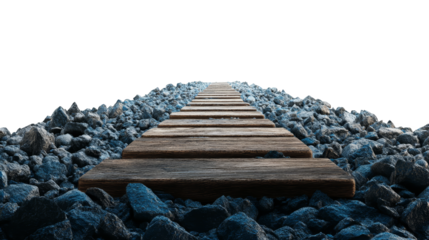 Abstract Pathway of Wooden Planks Through Rocks