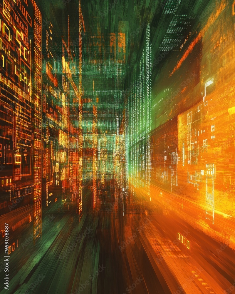 Poster fantasy dark orange and green illustration featuring a technology theme with a computer network back
