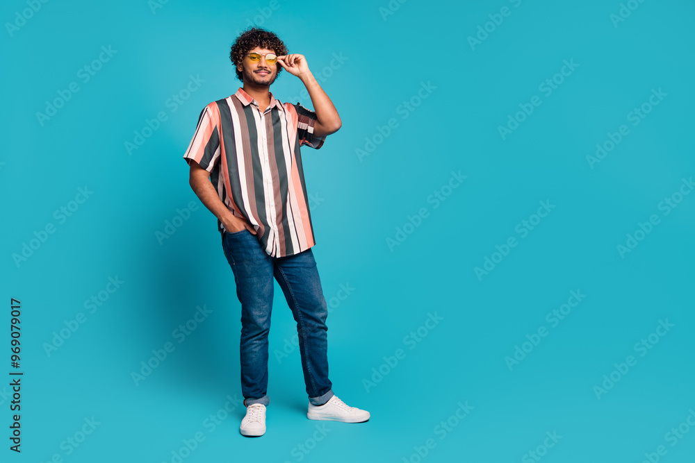 Sticker full size photo of nice young man empty space wear shirt isolated on teal color background