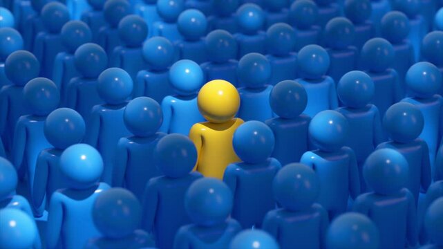 A single yellow figure stands out in a crowd of blue figures, symbolizing individuality, uniqueness, and differentiation.
