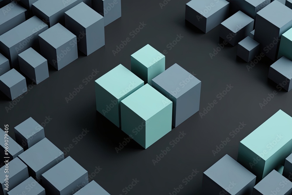 Poster abstract geometric blocks on dark background - three-dimensional technology render