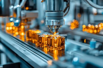 Automated Filling Machine with Glass Bottles on Conveyor Belt