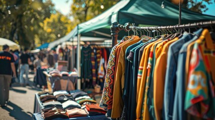 Outdoor market with vendors selling clothing and accessories