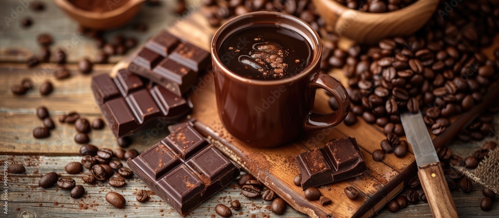 Poster sweet hot beverage black coffee with beans in a white bag on a wooden table alongside dark chocolate