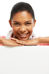 Studio, happy woman and portrait with billboard for advertising, marketing and announcement with...