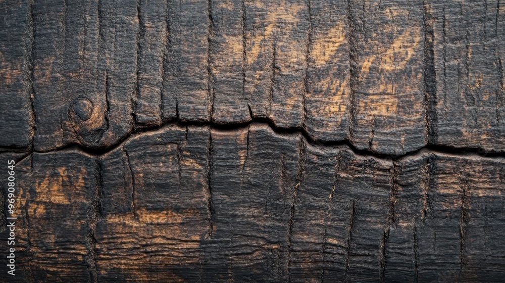 Poster a close-up of textured, charred wood with visible cracks and grain patterns.
