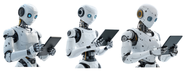 Set of AI robots using tablet, isolated on transparent background, futuristic technology concept
