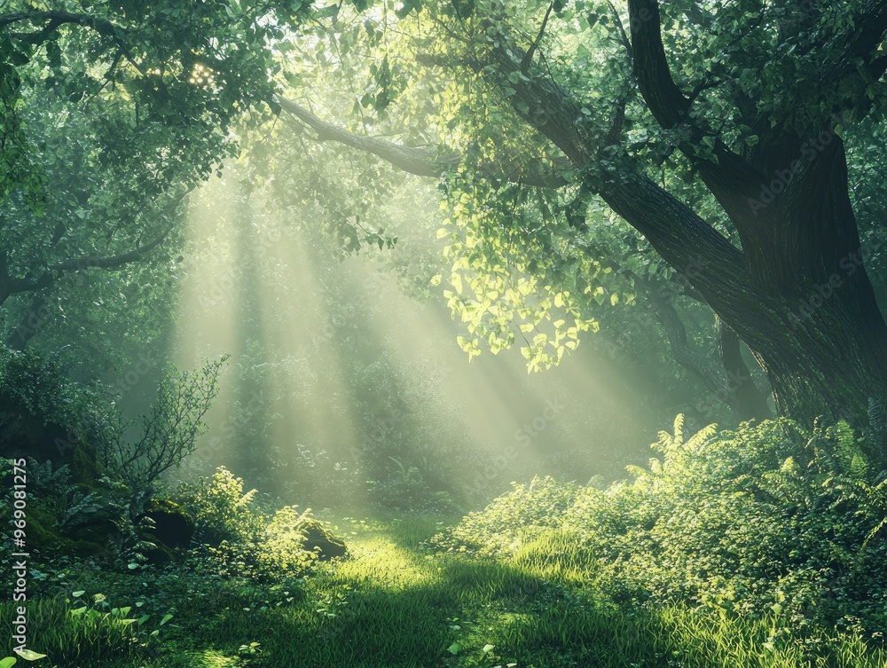 Poster enchanted forest scene with sunlight filtering through tree branches ethereal trees amid greenery sh