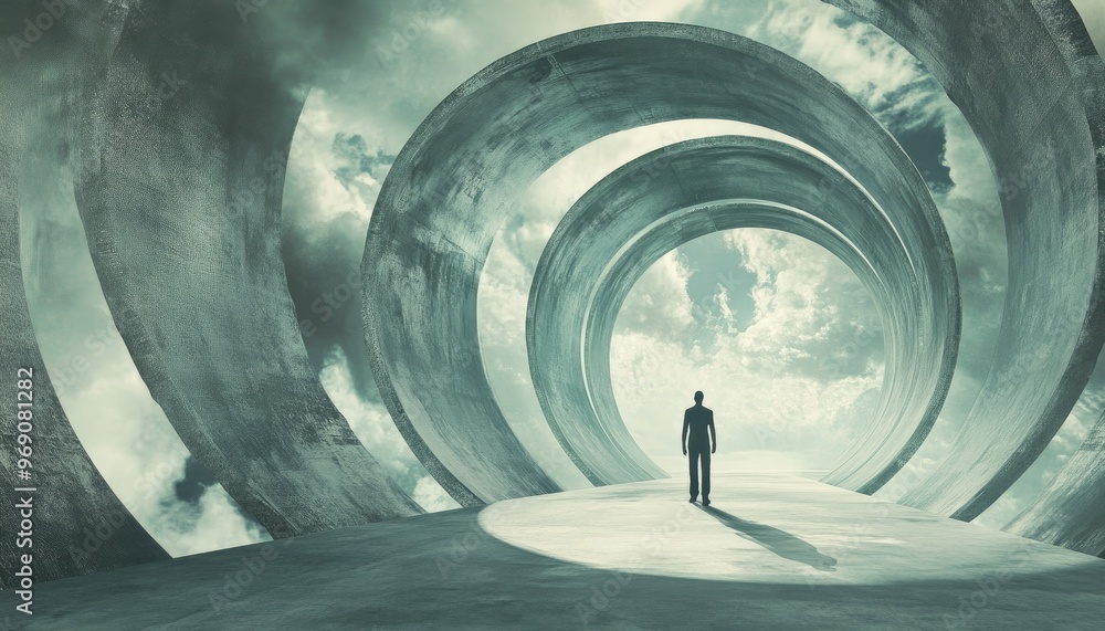 Poster surreal illustration of a figure strolling on an abstract infinite circular pathway representing a f