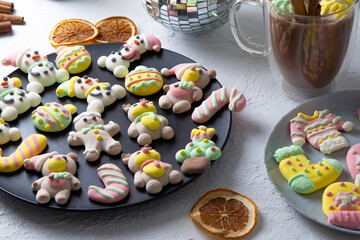 Christmas marshmallows. Winter candy. Sweet food in december. Snowman and Santa Claus