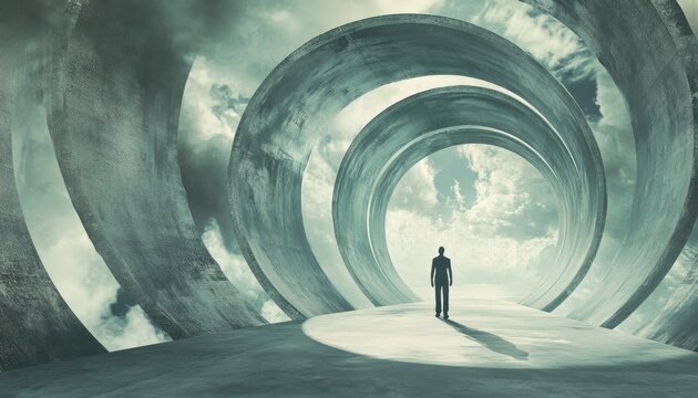Surreal illustration of a figure strolling on an abstract infinite circular pathway representing a futuristic concept
