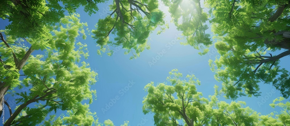 Poster directly beneath the trees with lush foliage set against a blue sky backdrop. with copy space image.