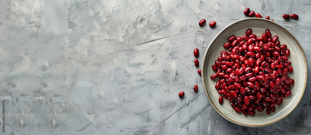 Poster Close up view of raw red beans in a stylish plate on a gray concrete surface Black and white beans are in the background. with copy space image. Place for adding text or design