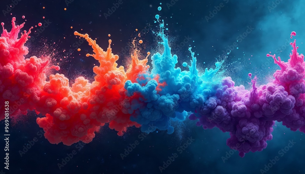 Poster Vibrant red, blue, and purple ink clouds in water