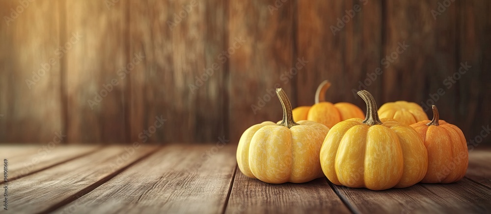 Leinwandbilder A closeup of different pumpkins on a wooden surface with room for your text autumn themed backdrop. with copy space image. Place for adding text or design