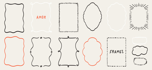 Doodle hand drawn trendy frame collection with swirls and wavy lines. Borders for wedding invitations, birthday card, lunch menus. Squiggly and wavy frame design. Minimalist line art decorations.