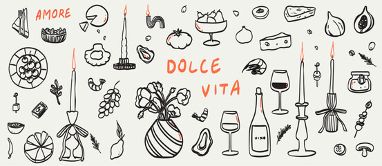 Boho style food and beverages vector illustrations for wall art decor, logo and package design. Italian or french style art collection for wedding or restaurant cafe dinner or lunch menu designs.