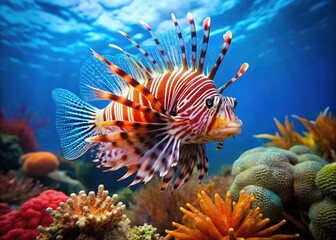 A bright red lionfish glides effortlessly through the undulating coral reef, its vibrant color standing out against the softly out-of-focus aquatic background.