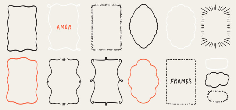Doodle hand drawn trendy frame collection with swirls and wavy lines. Borders for wedding invitations, birthday card, lunch menus. Squiggly and wavy frame design. Minimalist line art decorations.