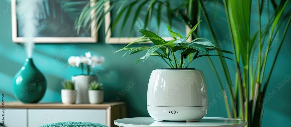 Poster contemporary air humidifier and houseplant on a table in the living room area for text. with copy sp