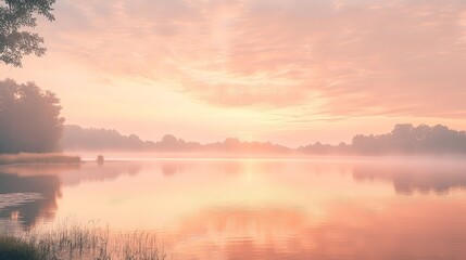 Fototapeta premium A stunning sunrise over a tranquil lake. The sky is painted in soft shades of pink, orange, and gold as the first light of day reflects off the calm water, creating a serene and picturesque scene